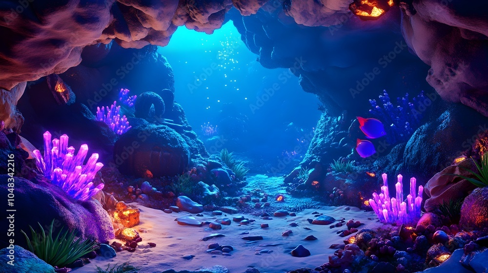 Poster captivating 3d rendered scene of an underwater cave filled with glowing crystals bioluminescent fish