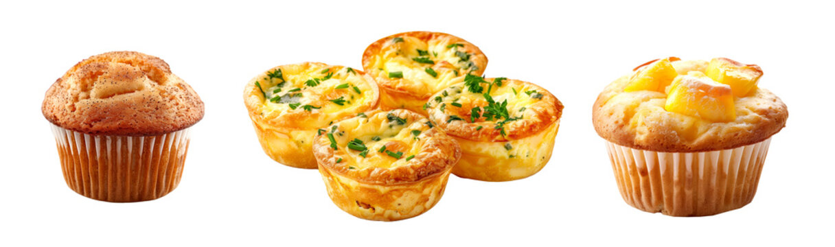 A freshly baked and fluffy mini quiche muffin or cupcake isolated on white transparent background, beautifully topped with delightful sweet flakes