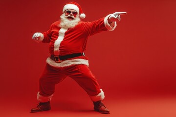  Santa Claus dancing and pointing at the camera, isolated on a red background, wearing sunglasses