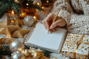 Cozy writing session on a winter evening with Christmas decorations and warm lights