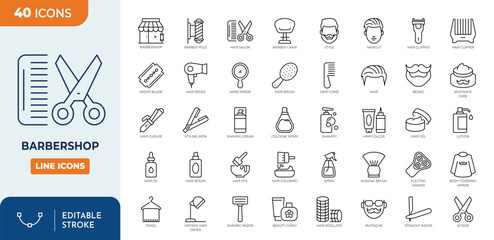 Barbershop, Hair salon, Hairstylist vector icons set. Containing clipper, comb, razor blade, sprayer, pomade, hair dryer, and more. Outline Icon Collection. Vector illustration. Editable stroke	