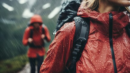 Hikers navigating a rainy trail in the mountains while wearing waterproof jackets during an adventurous outdoor excursion in nature
