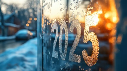 2025 Written with Snow or Frost A close-up of a frosty window where someone has traced the number...