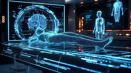 3D Rendered Medical Imaging Device Scanning Patient s Body with Holographic Representations of Internal Anatomy and Structures Displayed Nearby for Enhanced Diagnostics and Monitoring