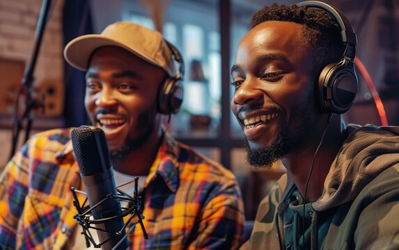 Two happy relaxed black men recording podcast in studio with modern brick wall. Male podcasters broadcasting from home together. African American creators creating content with microphone, headphones