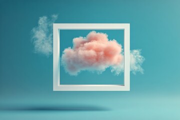 Soft pink cloud art display within a white frame against a light blue background