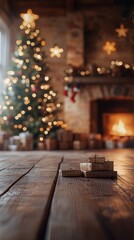 Cozy holiday setting with a beautifully decorated Christmas tree and glowing fireplace