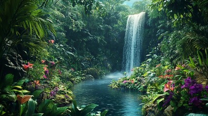 A panoramic view of a lush jungle with a winding river leading to a hidden waterfall, surrounded by vibrant greenery and exotic flowers, real photo, stock photography