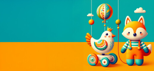 Fototapeta premium Fox in orange overalls pulling toy bird with crown and balloon, decorative patterns, teal and orange background, playful illustration for children book or toy ad,