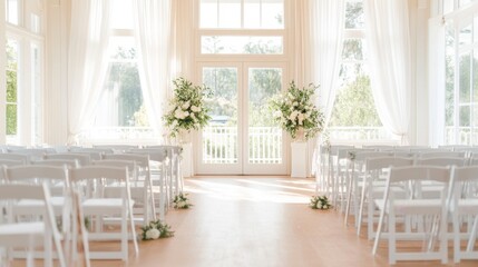 Fototapeta premium A beautifully decorated wedding venue featuring white chairs, floral arrangements, and large windows that create a bright, inviting atmosphere.