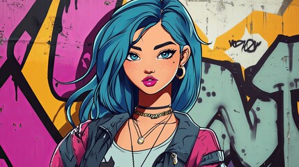 Confident teenage cartoon with blue hair in stylish pose