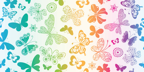 Vector vivid seamless hand drawn floral rainbow pattern with butterflie on white