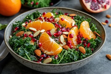 gourmet salad creation, brighten your plate with a baby kale salad featuring mandarin oranges, fennel, pomegranate, almonds, and citrus dressing