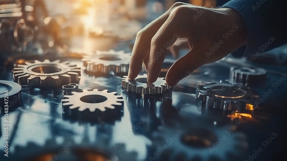 Poster hand interacting with gears on a workshop table