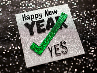 Checklist with "Happy New Year" text, green check mark next to "Yes", conceptual image for design and advertising projects	
