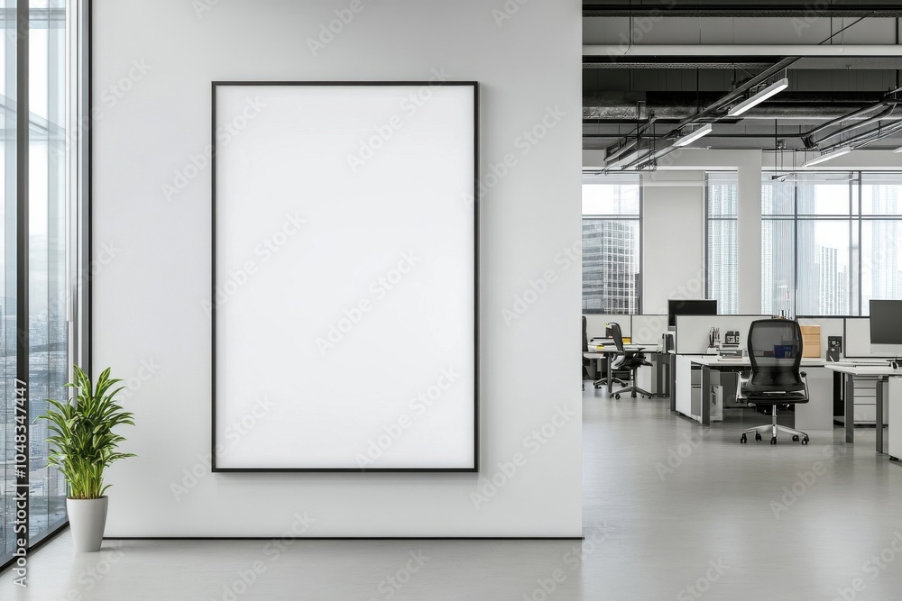 Poster poster presentation showcasing a vertical light-colored frame in front of a workspace environment