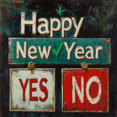 Checklist with "Happy New Year" text, green check mark next to "Yes", conceptual image for design and advertising projects	
