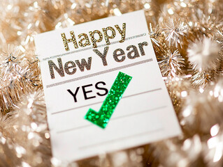 Checklist with "Happy New Year" text, green check mark next to "Yes", conceptual image for design and advertising projects	
