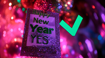 Checklist with "Happy New Year" text, green check mark next to "Yes", conceptual image for design and advertising projects	
