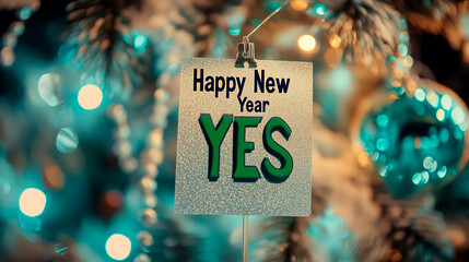 Checklist with "Happy New Year" text, green check mark next to "Yes", conceptual image for design and advertising projects	
