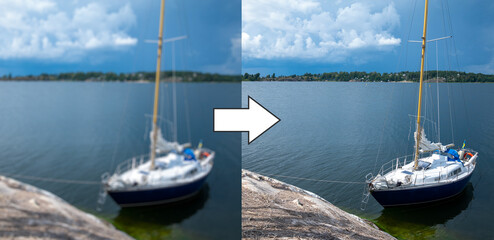 Concept of image blur restoration technology - defocused blurred picture of a landscape with the...