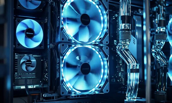 A close-up of a computer cooling system with blue LED fans and liquid cooling tubes.