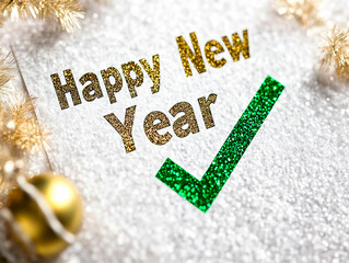 Checklist with "Happy New Year" text, green check mark next to "Yes", conceptual image for design and advertising projects	
