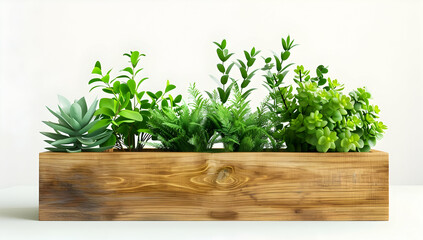Fototapeta premium A wooden planter box with various green plants, isolated on a white background