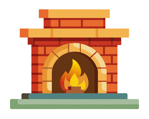 Fototapeta premium a cartoon-style illustration of a brick fireplace. The fireplace is made of red bricks with a light brown mantel on top. Inside the fireplace, there is a fire burning with flames in shades of yellow 