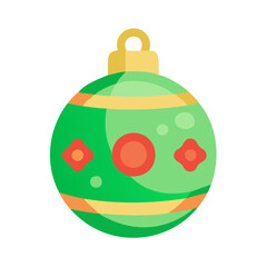 Fototapeta premium a Christmas ornament, specifically a round bauble. It is primarily green with decorative elements. There are two horizontal yellow bands encircling the bauble