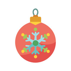Fototapeta premium an illustration of a Christmas ornament. It is a round, red bauble with a decorative snowflake design in the center. The snowflake is light blue with a green circle in the middle and small yellow dots