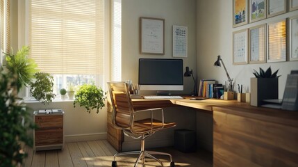 Modern home office with wooden desk, chair, decorative items, plants, and a cozy adjoining room