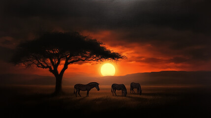 Serene African Sunset with Grazing Zebras and Acacia Tree