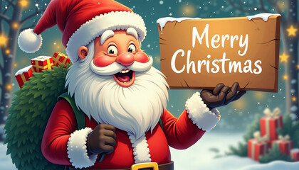 A cartoon Santa Claus with a sack full of gifts on his back, holding a wooden sign with "Merry Christmas" written on it in front of a snowy forest scene.