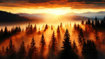 Obraz premium Breathtaking sunrise over misty forest with vibrant fall colors