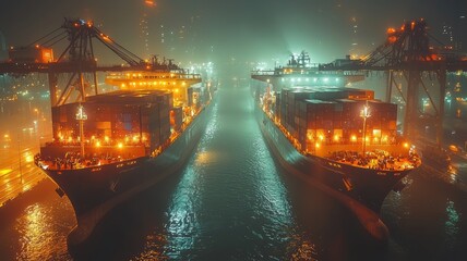 Fototapeta premium Two illuminated cargo ships docked in a foggy harbor, surrounded by glimmering lights and a mysterious atmosphere.