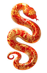 Fototapeta premium Simple red gold snake with floral ornament on skin in Chinese art style. Asian New Year 2025 isolated clipart