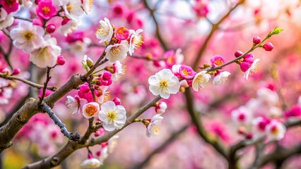Tilted angle white pink and red ume plum blossom in the garden