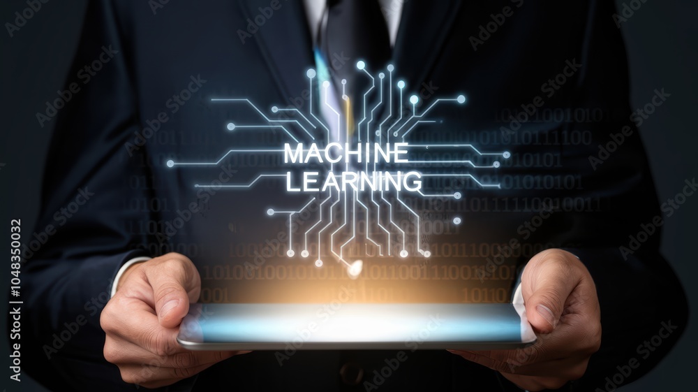 Aufkleber businessman holding tablet with machine learning concept and digital circuit interface in futuristic