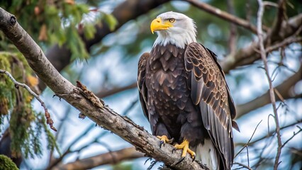 Obraz premium Bald Eagle Perched Majestically on Tree Branch
