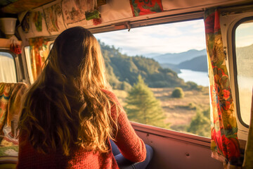 A woman with long hair looks out from a campervan window, admiring a scenic mountain and lake view during sunset.