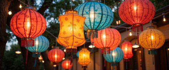 Vibrant paper lanterns in festive colors illuminating night celebration against dark sky