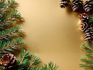 Naklejka premium Christmas golden background with a wreath of pine cones