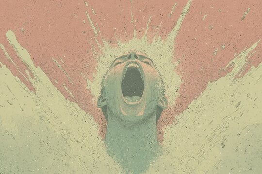 Burst of Emotion in Surreal Style. A pastel-toned illustration of a person with a head tilted back, mouth wide open, and energy exploding around, capturing intense emotion.
