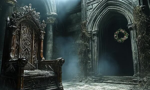 A grand, ancient throne in a dimly lit stone chamber, evoking a sense of mystery.