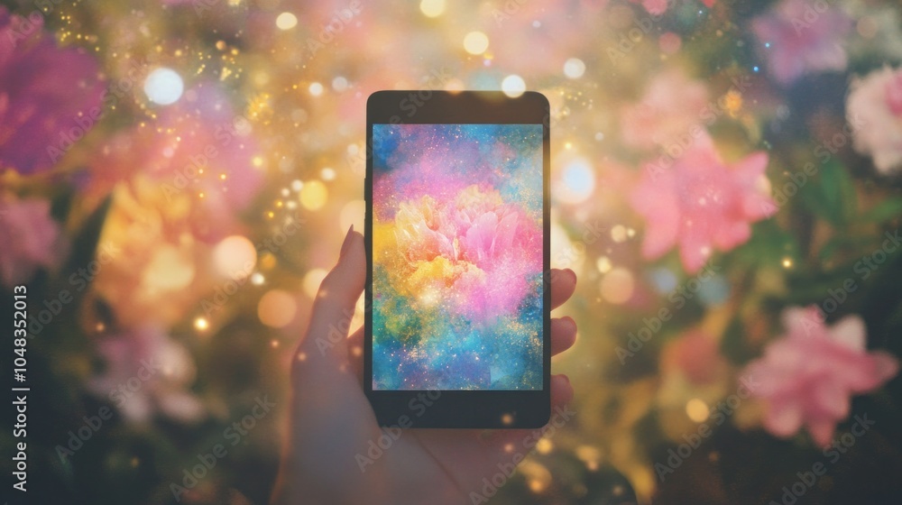 Poster person using a smartphone app to generate colorful abstract art in a creative environment.
