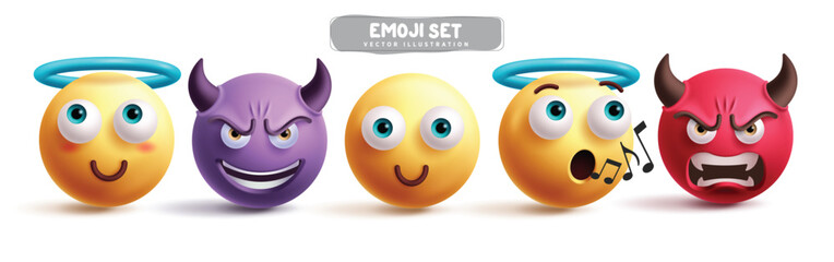 Emojis characters emoticon vector set. Emoji 3d character in angel, devil, kind, bad, evil and singing facial expressions in white background. Vector illustration angel yellow emoticons collection.
