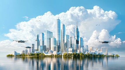 Obraz premium A futuristic cityscape features towering skyscrapers, drones, and a serene water reflection under a bright blue sky with fluffy clouds.