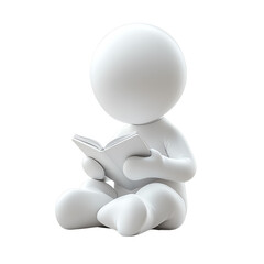3D character figure sitting and reading a book, isolated on white background, concept of learning and education.