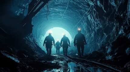 Silhouette of Miners with headlamps entering underground coal mine